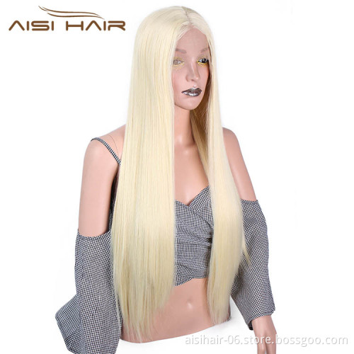 Aisi Hair Long Silky Straight Blonde Wig Heat Synthetic Resistant Fiber Lace Front Wig Middle Part Lace Frontal Wigs For Women